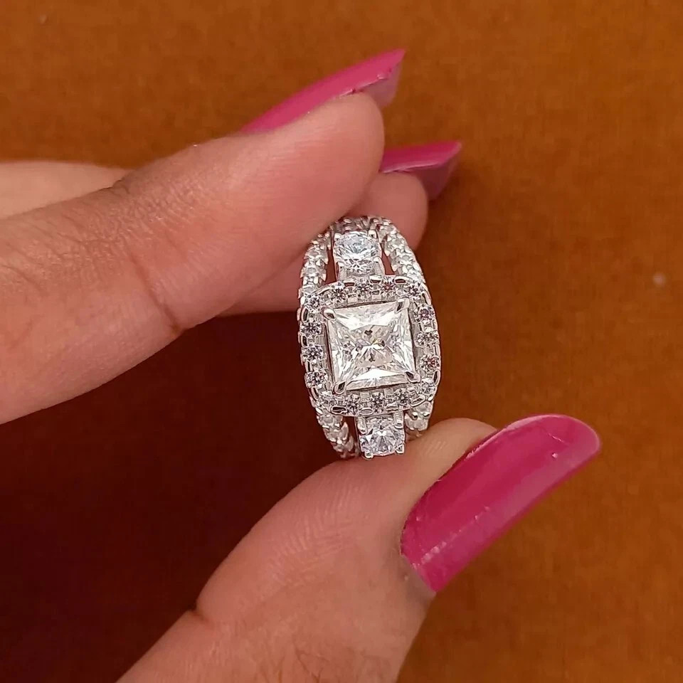 Solid 14K White Gold Moissanite Bridal Set Engagement Ring 2.50 CT Princess Cut