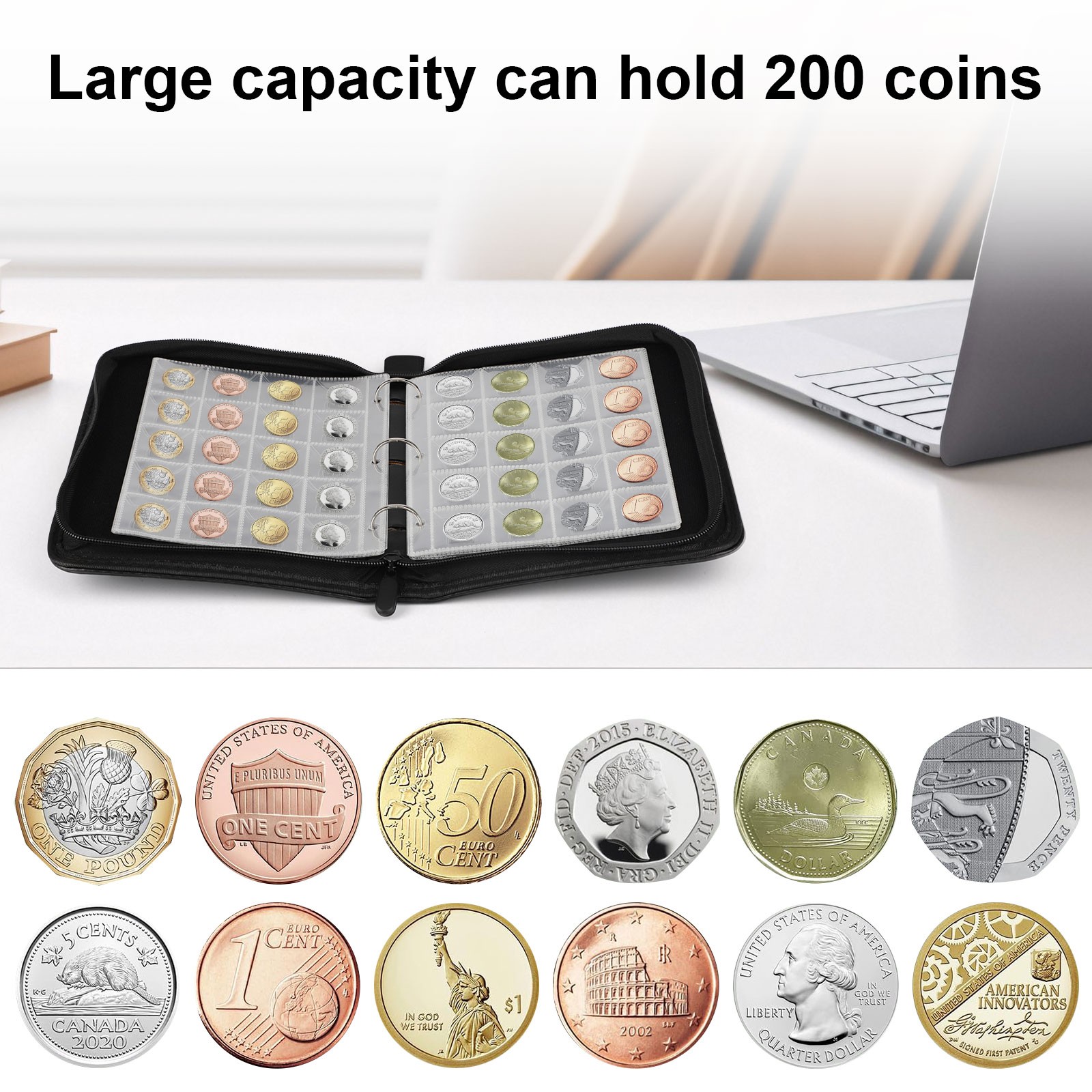 200 Pockets Coin Flip Storage Binder PU Leather Coin Collection Book with Zipper