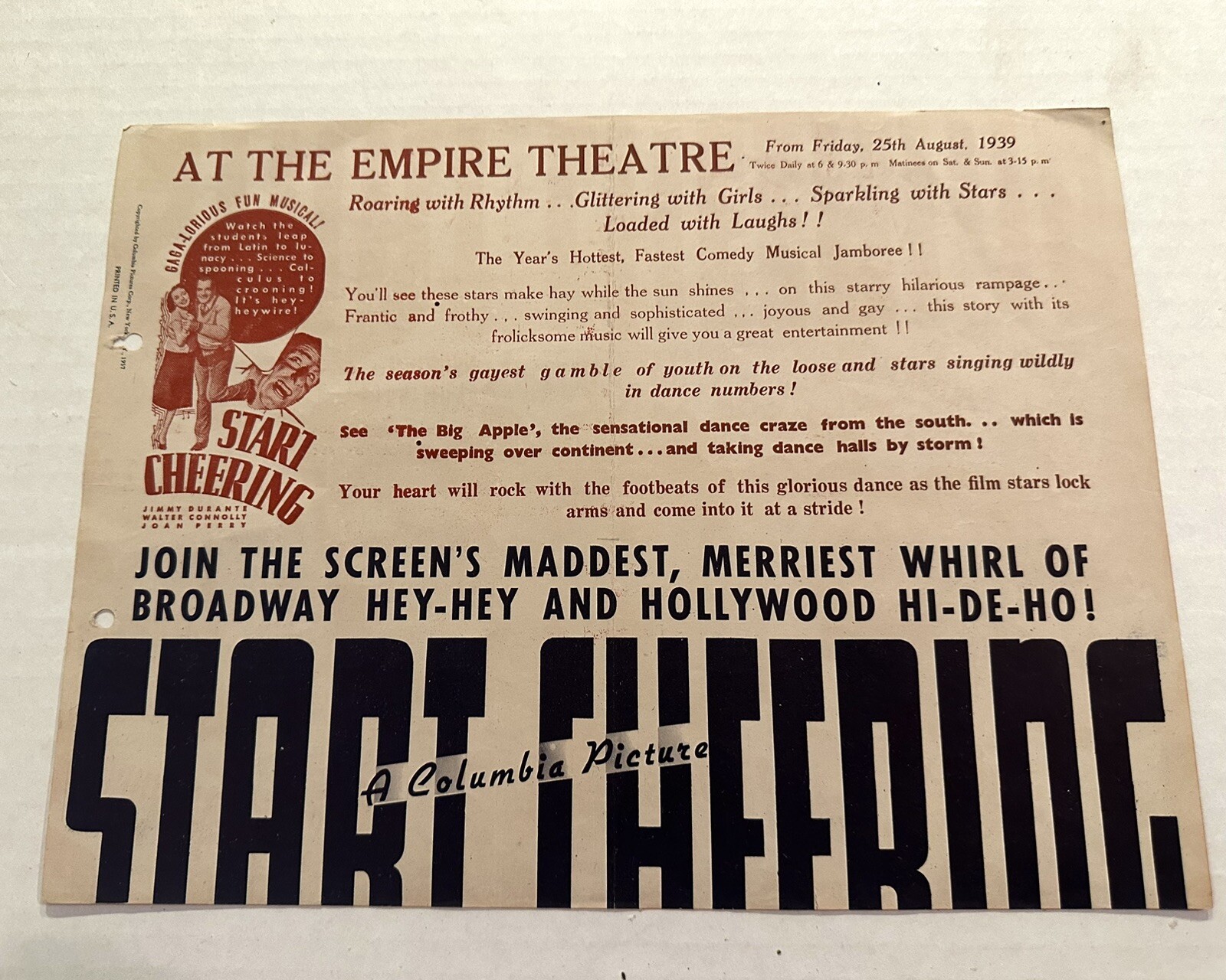 3 STOOGES MOE LARRY CURLY UNFOLDED HERALD START CHEERING 1937 THREE STOOGES