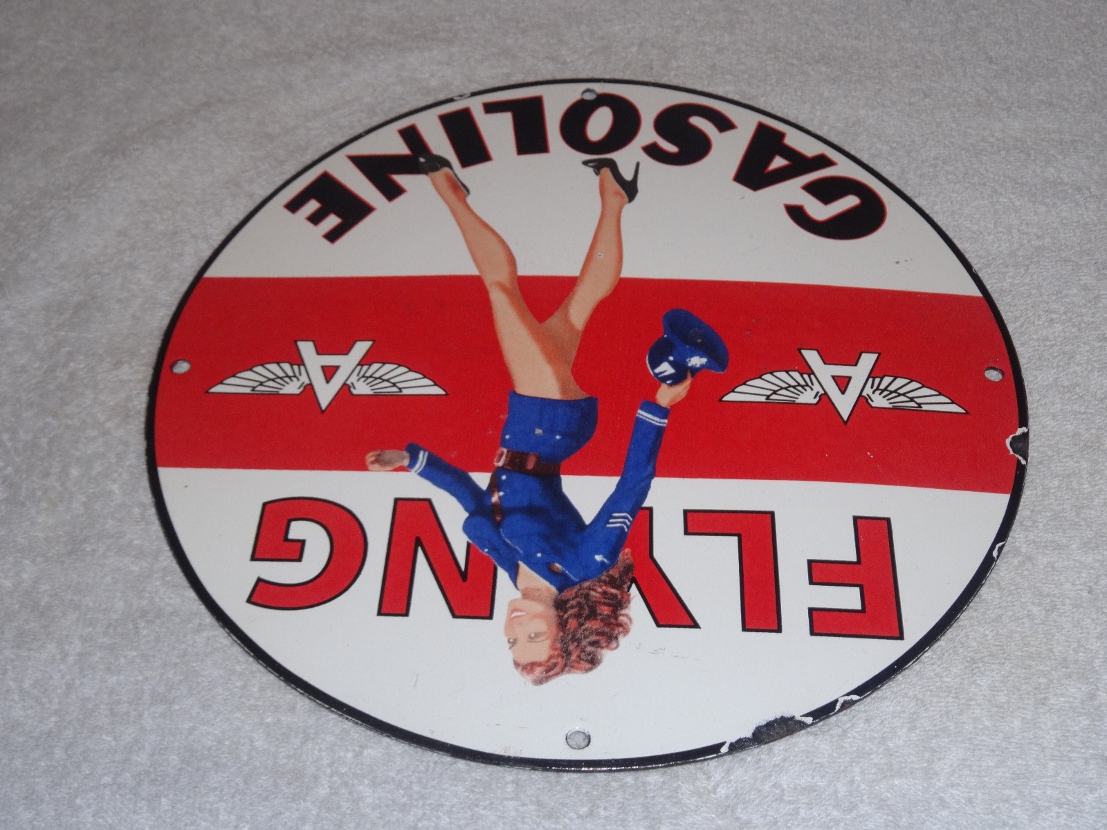 VINTAGE FLYING A AIRPLANE STEWARDESS WOMAN 11 3/4" PORCELAIN METAL GASOLINE SIGN