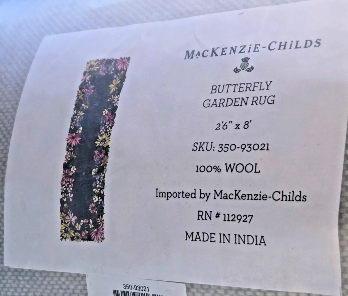 MacKenzie-Childs butterfly garden rug 2'6"x8' NIP | Retired