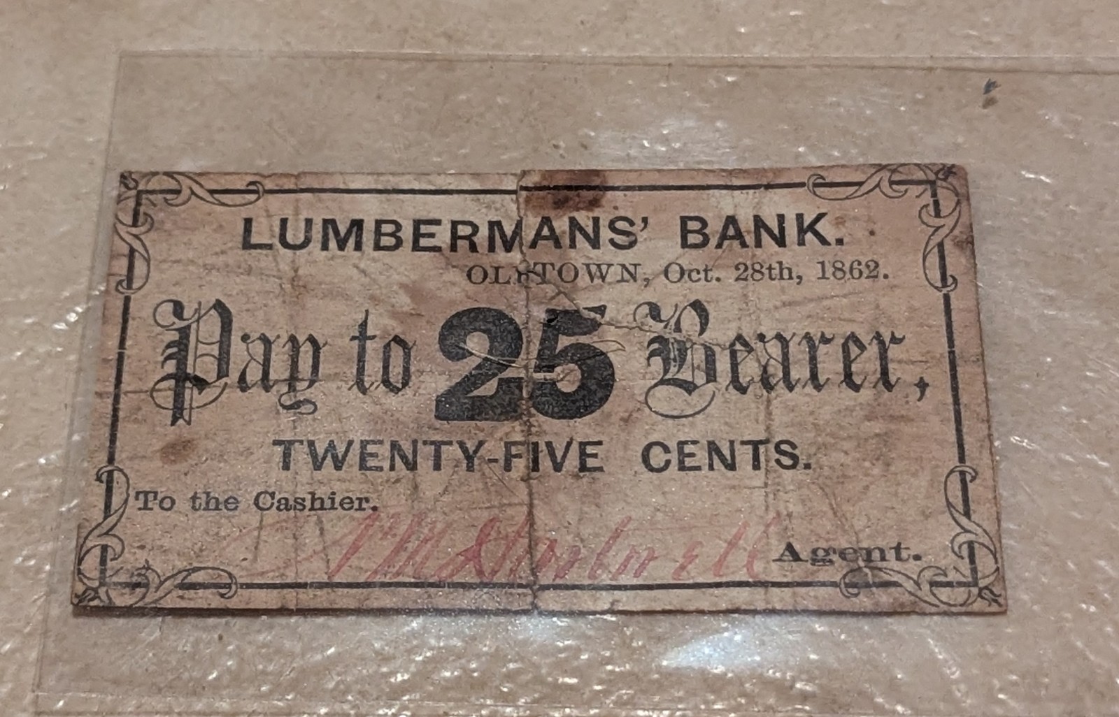 1862 25 Cent Lumbermans' Bank, Oldtown Obsolete Note Backed!!!!!