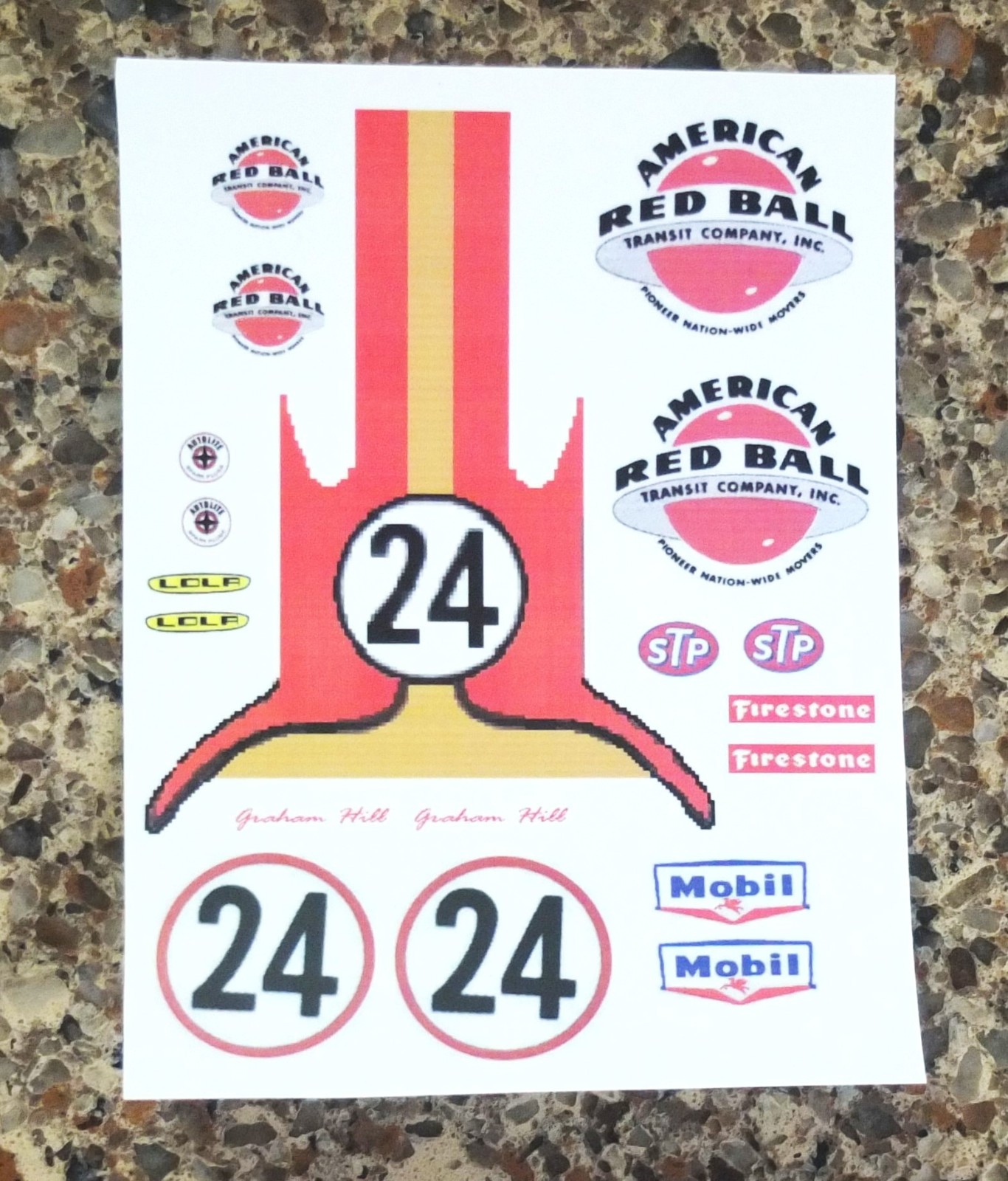 Decal sheet for Testors gas powered car----#24 Graham HILL America Red Ball INDY