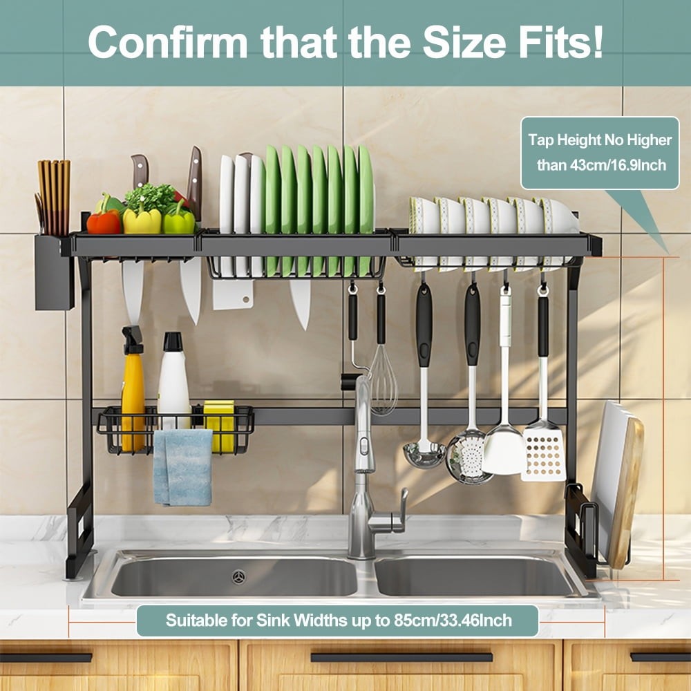 Space Saving 2-Tier Over Sink Dish Drainer, Large Stainless Steel Drying Rack