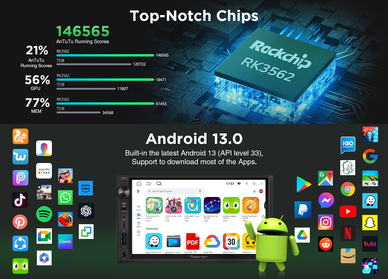 Universal 7" Car Stereo Double DIN Android 13 GPS Navi Navigation CarPlay Radio