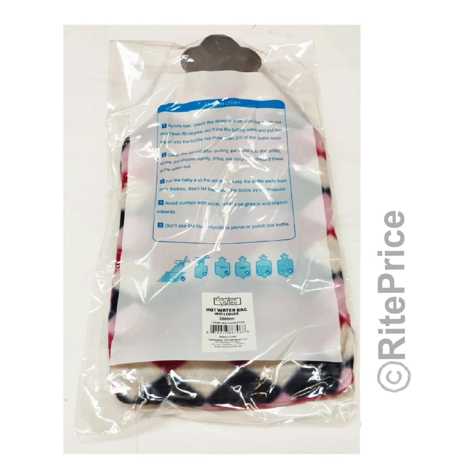 2000ml Hot Water Bottle with Plush Cover Rubber Bag For Pain Relief Warm Therapy