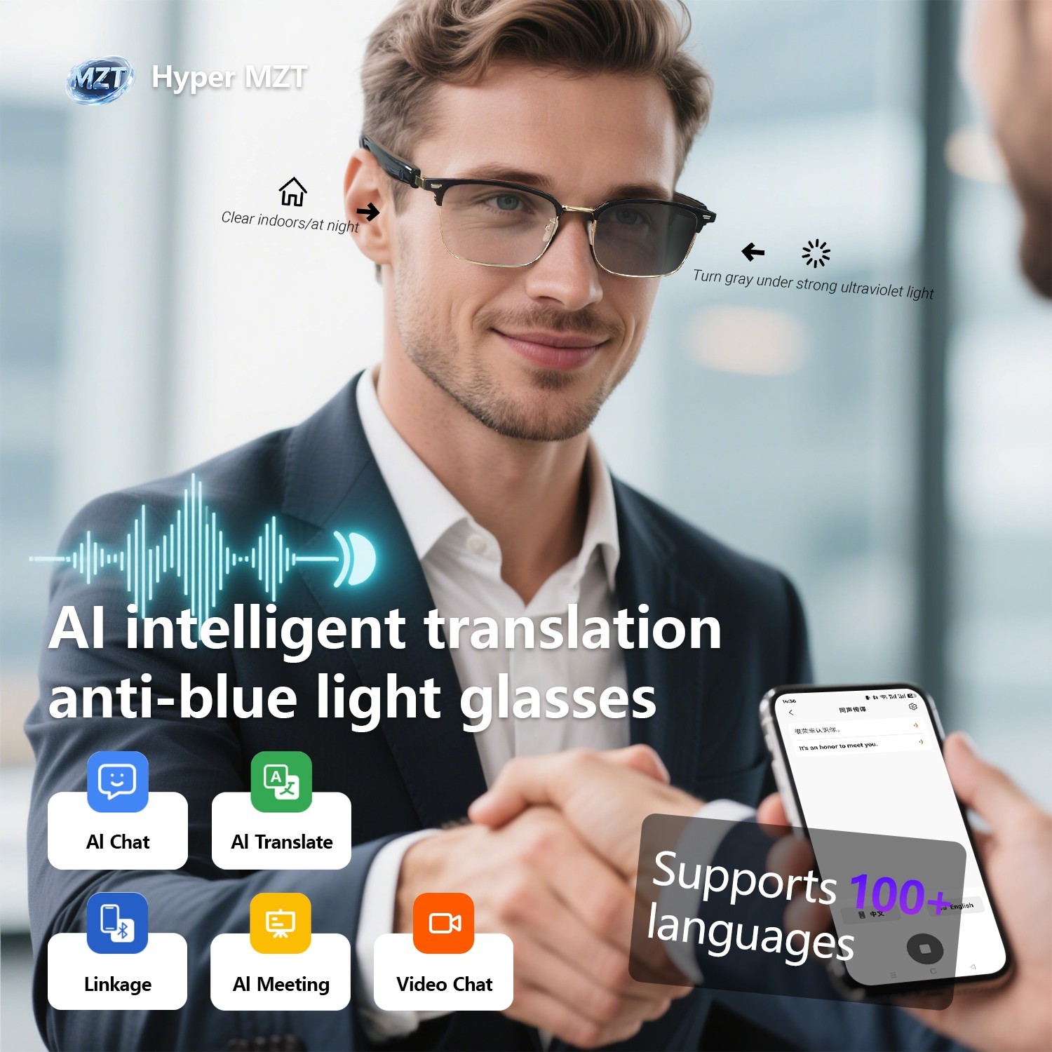Smart Glasses AI Bluetooth Glasses 144+ Translation for Men & Woman Work Travel