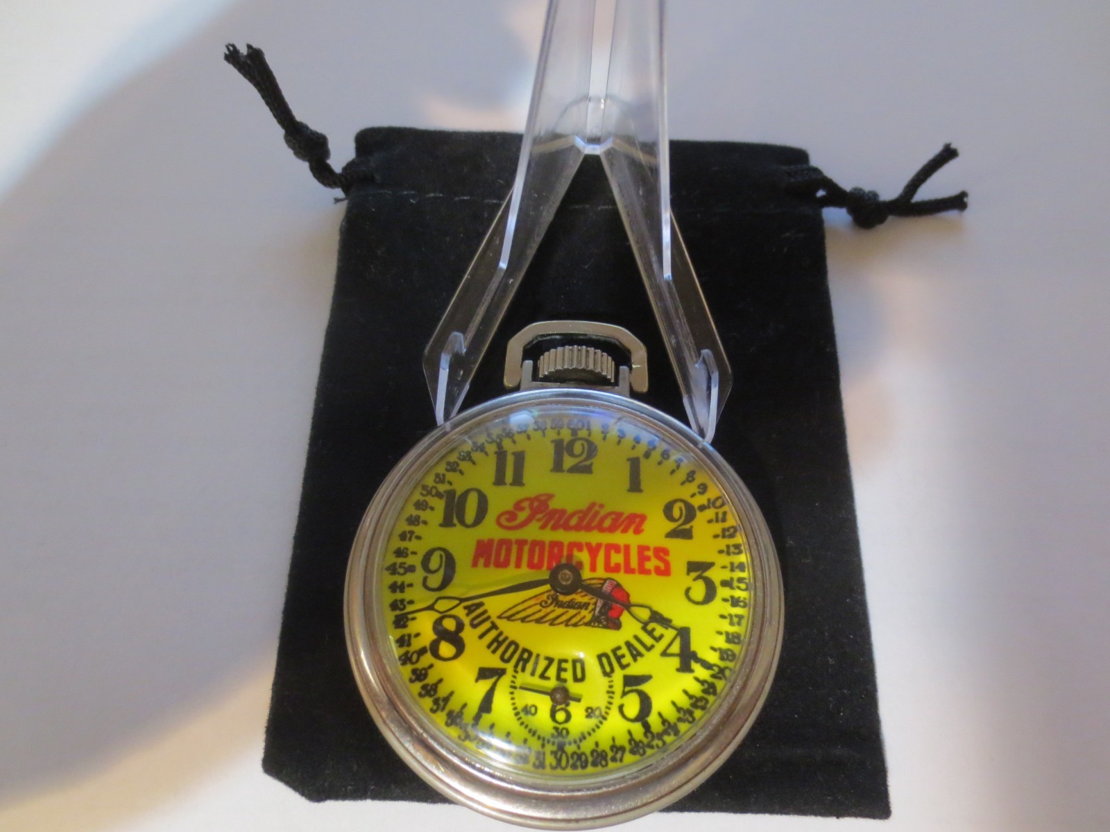 1947 16s Pocket Watch Indian Motorcycle Theme Dial & Case Runs Well.