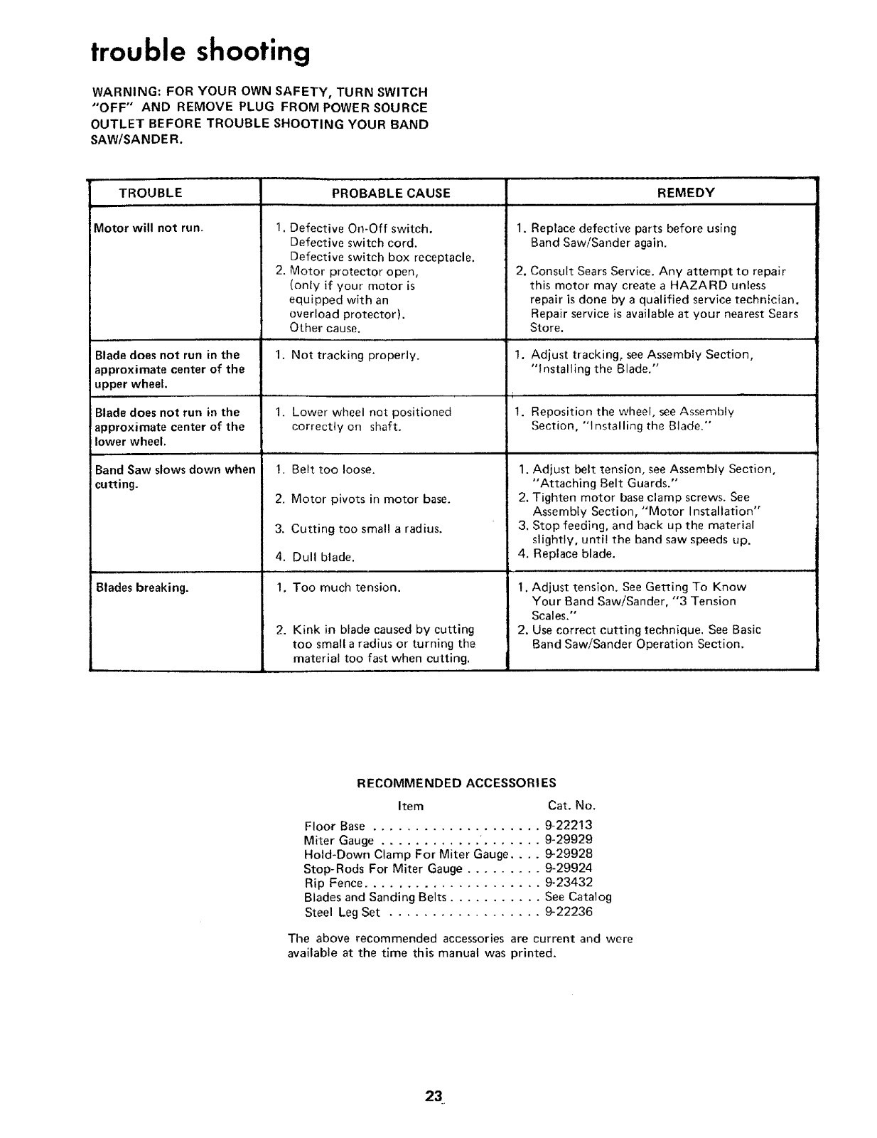 Sears Craftsman 12" Bandsaw 113.24350 Operating & Parts List Manual *1118