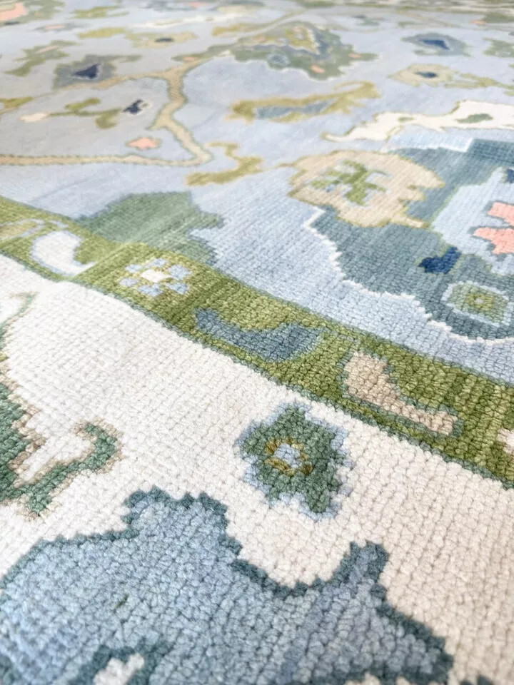 Green Blue Hand Knotted Oushak Rug Turkish Wool Area Carpet For Living Room 9x12