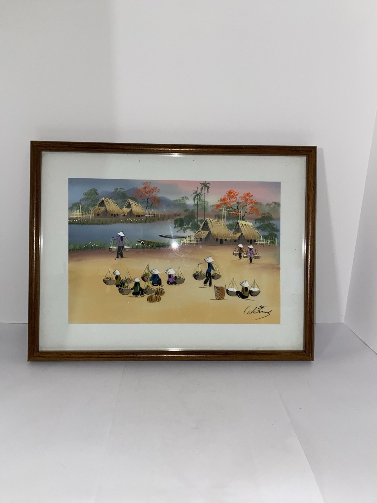 Framed Vietnamese Asian Art Silk Screening Water Colors Signed “Women Working”
