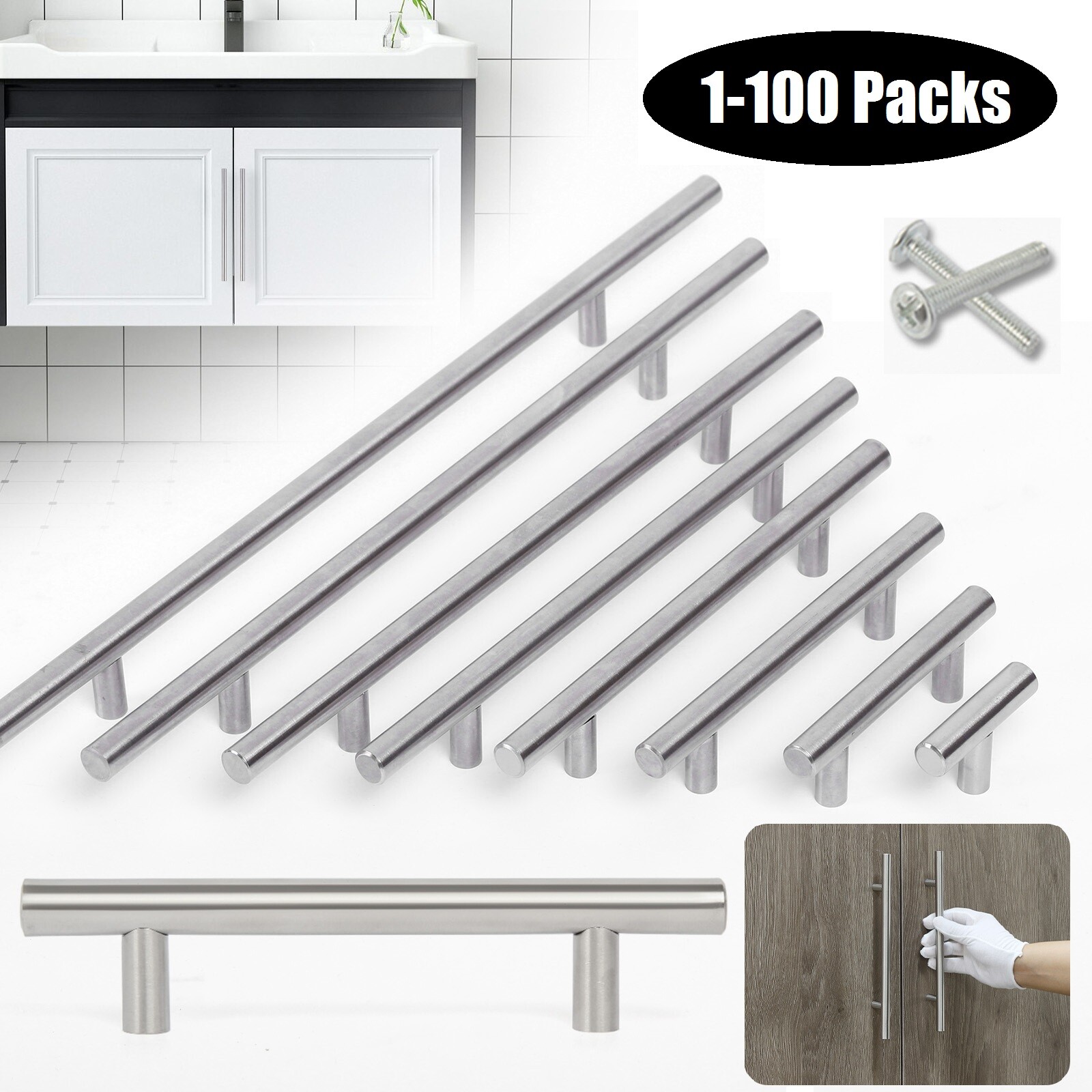 Brushed Nickel Cabinet Pulls Stainless Steel Drawer T Bar Door Handles Lot