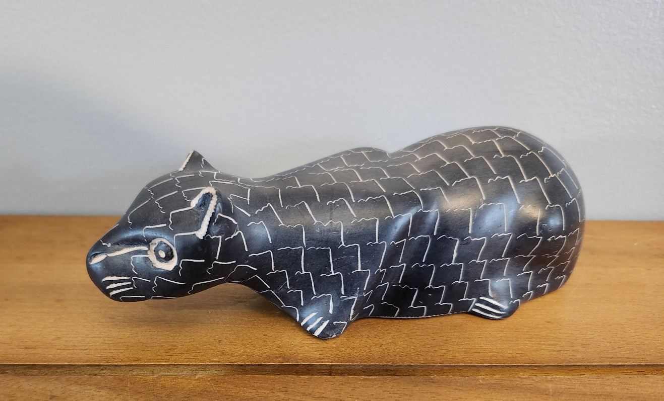 VTG Soapstone Black Big Cat Hand Carved African Figurine Kenya 7" long