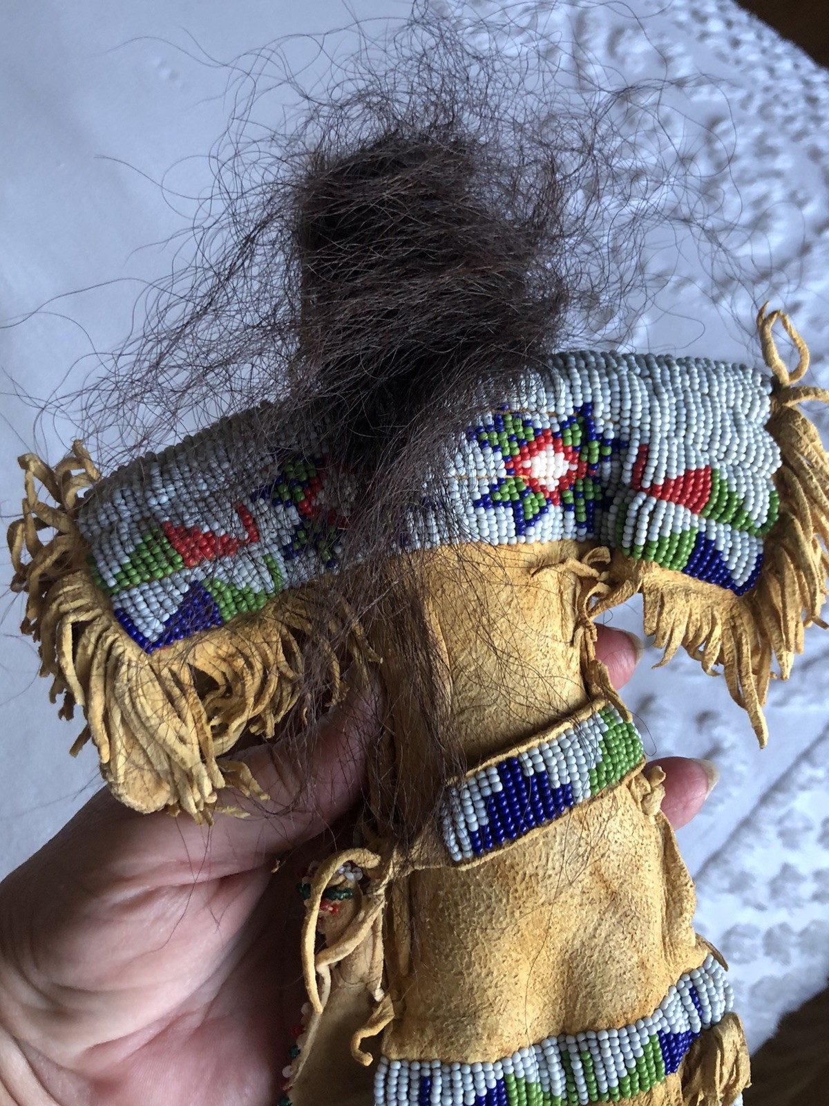1900s Lakota Native American Handmade, 12” Doll, Finely Beaded, Human Hair