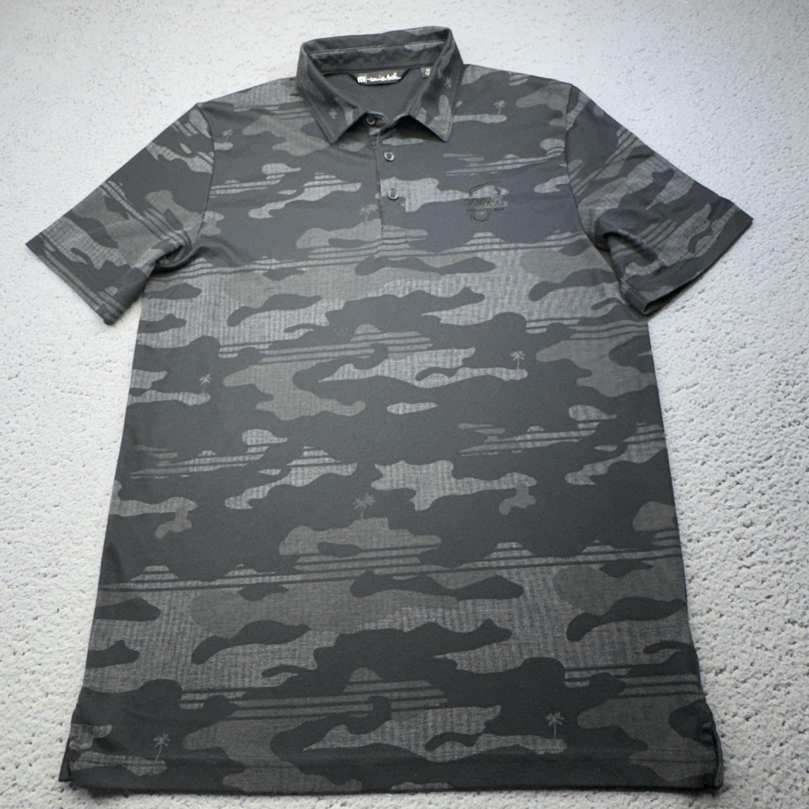 Travis Mathew Polo Shirt Mens Medium Gray Camo Golf WM Phoenix Open Tournament