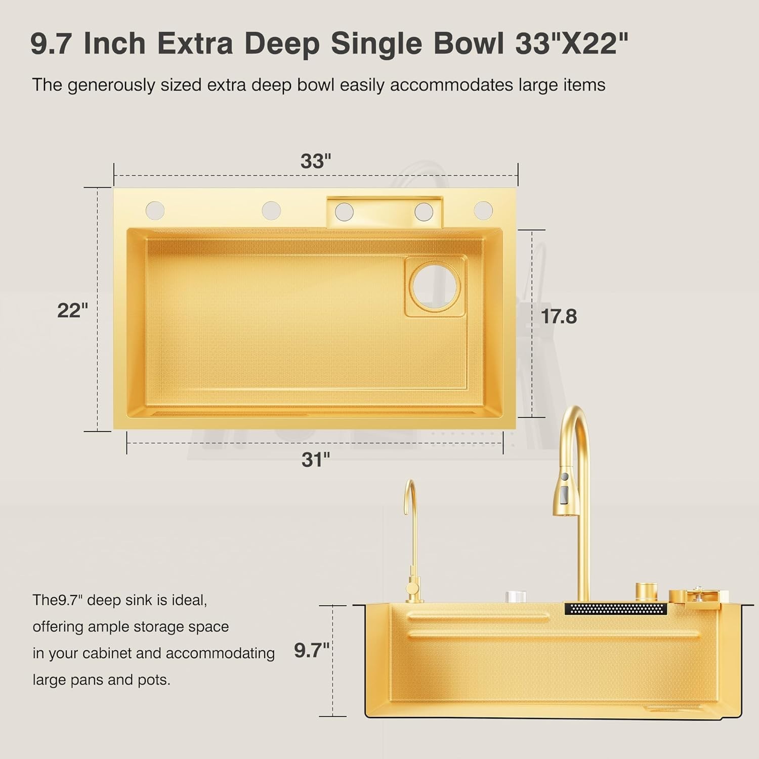 33x22 IN Gold Flying Rain Stainles Steel Watefall Kitchen Sink w PullDown Faucet