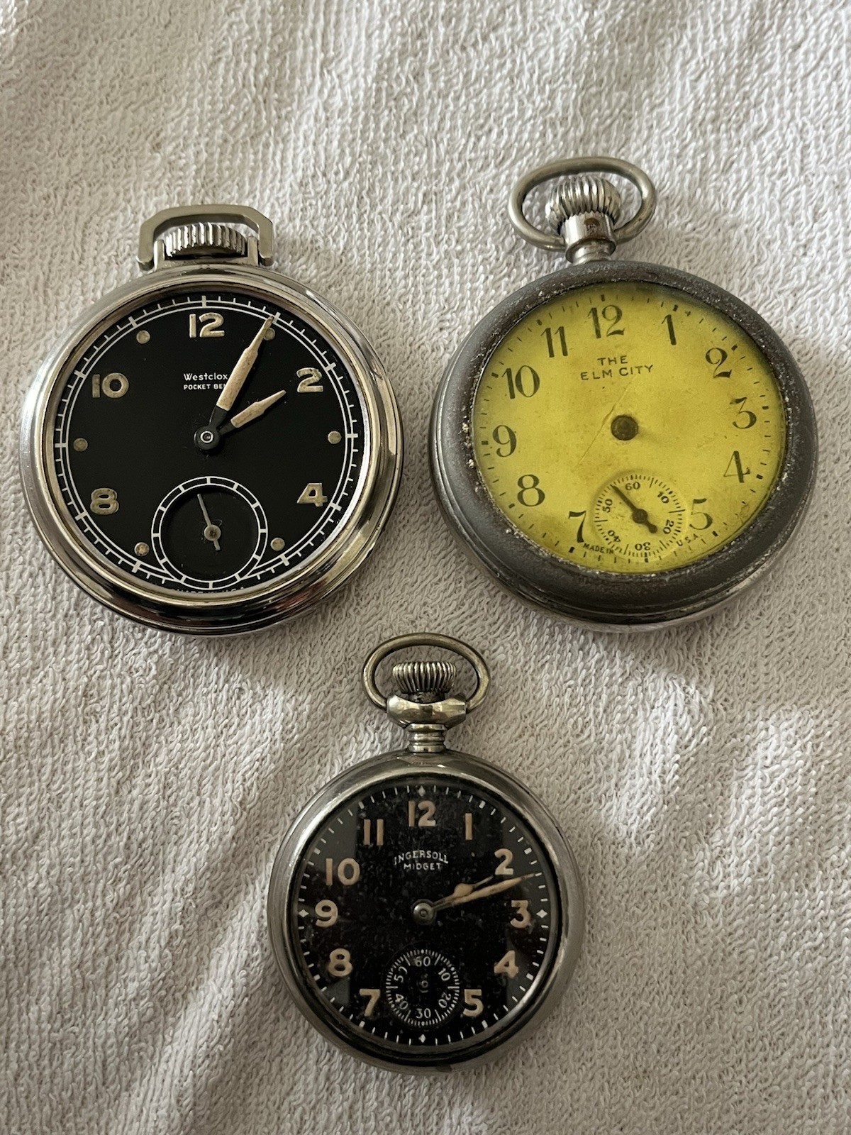 Vintage x3 Pocket Watch Lot: The Elm City, Westclox Pocket Ben, Ingersoll Midget