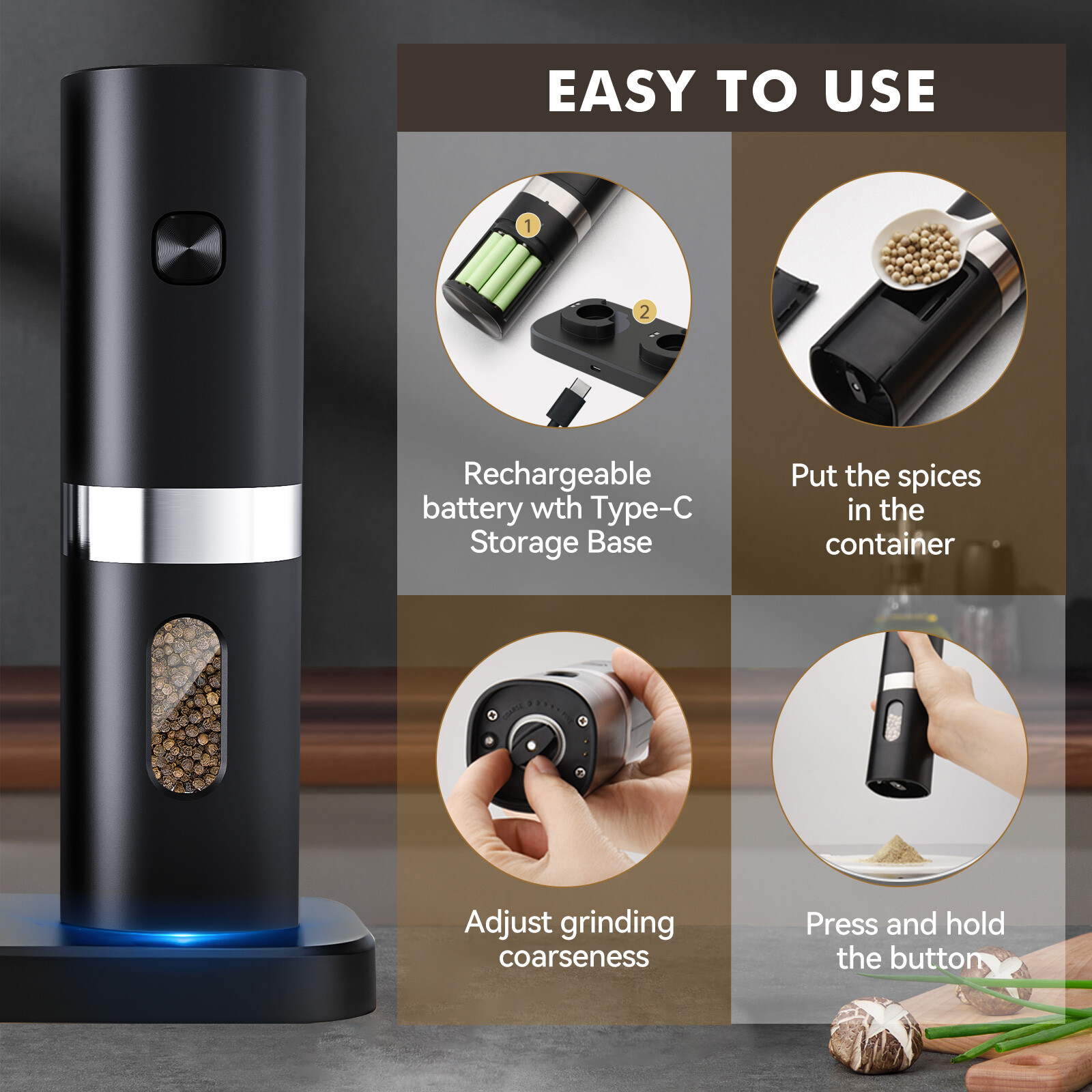 Electric Salt and Pepper Grinder Set with Rechargeable Base Mill-Adjustable