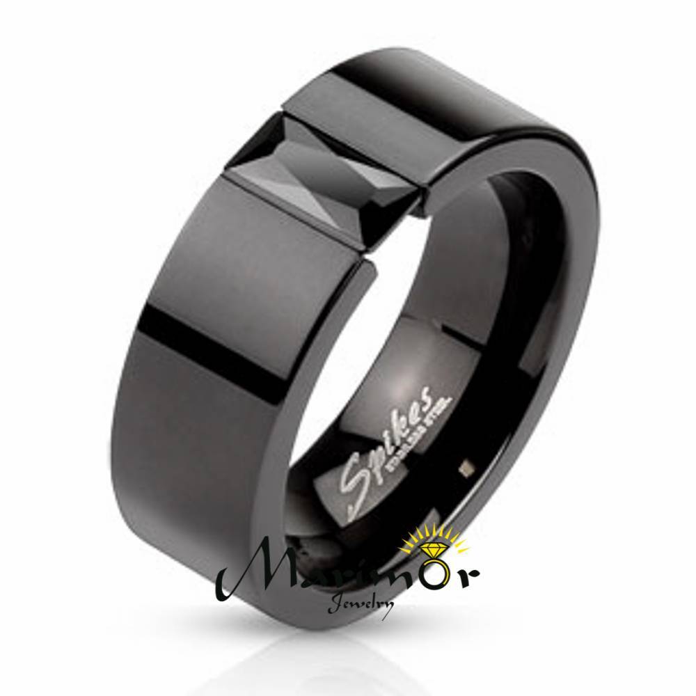 STAINLESS STEEL PRINCESS CUT CZ BLACK IP WEDDING RING BAND UNISEX SIZE 5-14
