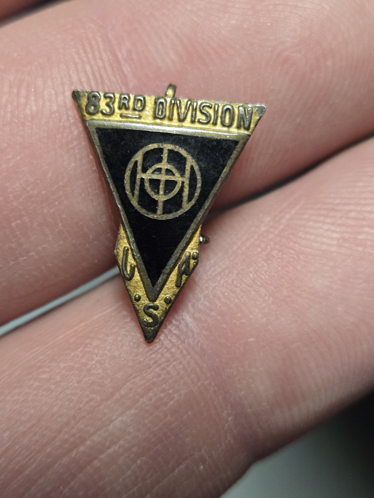 2 Vintage rare old WWII 83rd Infantry Division Thunderbolt DI Unit Crest Pin Lot