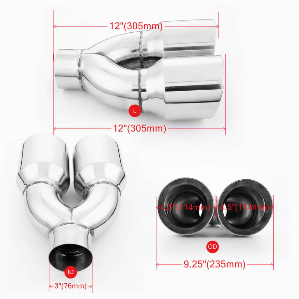 Pair Quad 4.5" Out Exhaust Tips 3" In 304 Stainless Steel Dual Wall Angle Cut
