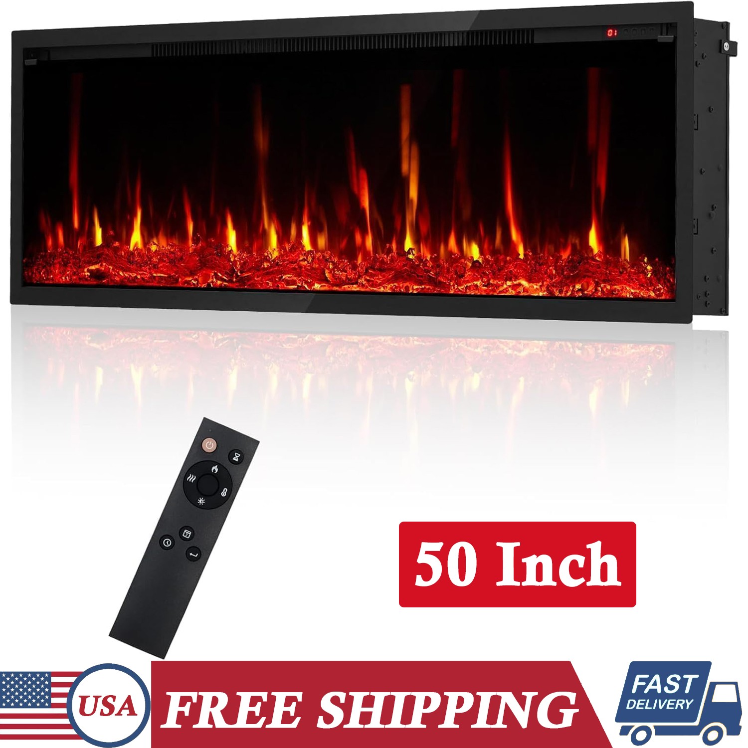 50" Electric Fireplace Recessed Insert or Wall Mounted Standing Electric Heater