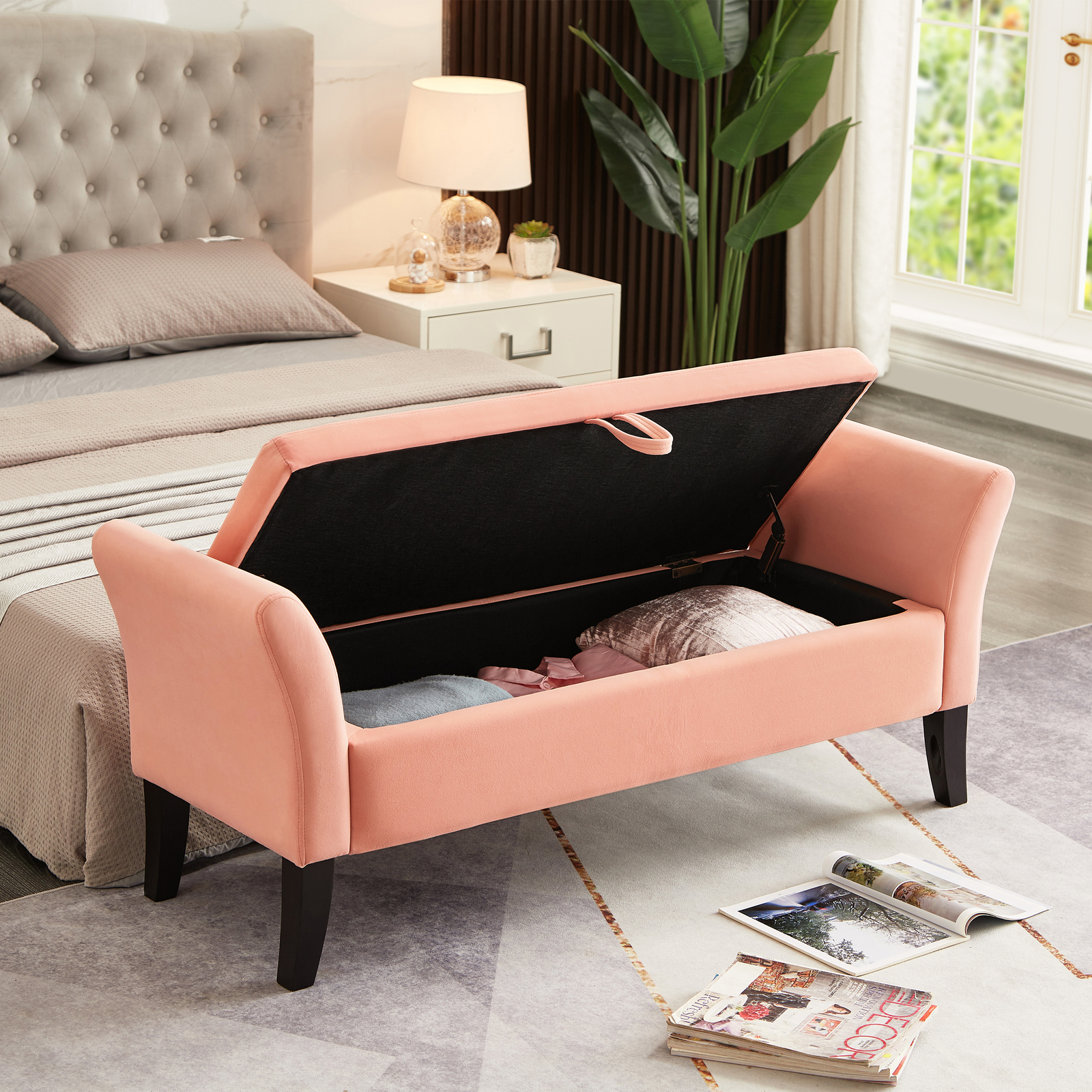 52" Storage Bench Upholstered Ottoman Bench with Arms Velvet Button-Tufted Bench