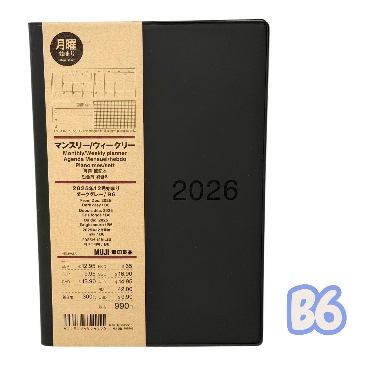 MUJI 2026 Planner - DARK GREY B6 - Mon. Start Monthly Weekly From December 2025