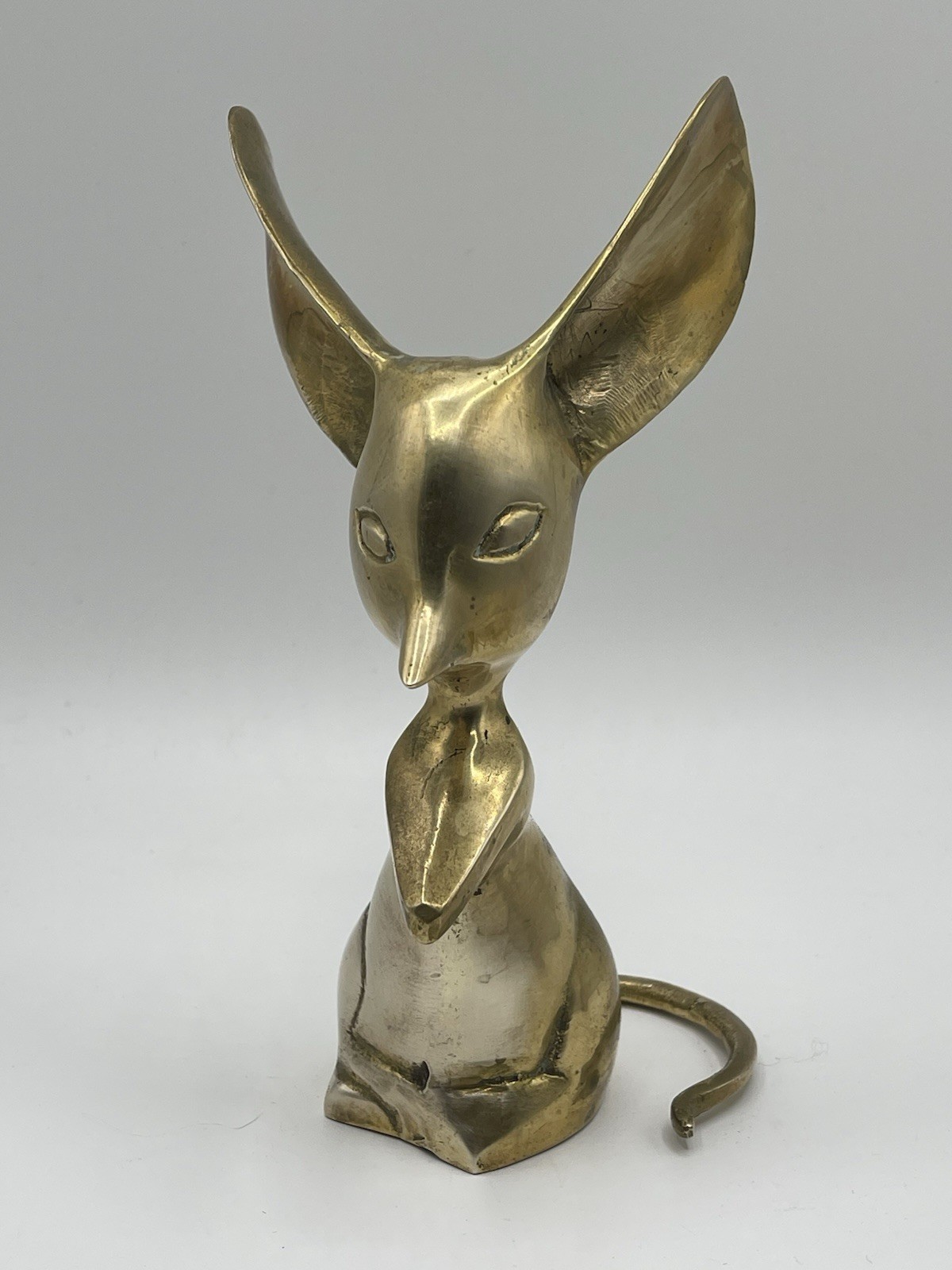 VTG Pair Of Big Eared Long Tail Whimsical Mouse 5”/ 7” Solid Brass MCM Decor