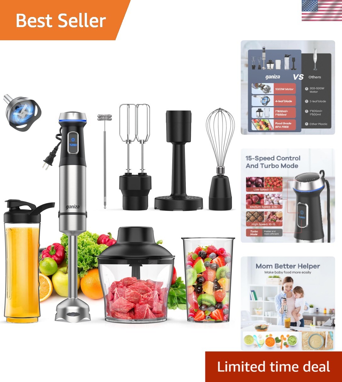 Heavy Duty Stainless Steel Immersion Blender - 8-in-1 with Turbo Boost Function