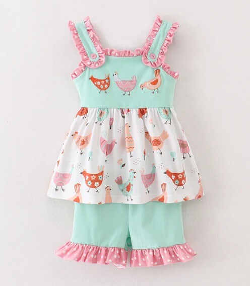 NEW Boutique Chicken Farm Tunic & Shorts Girls Outfit Set Easter