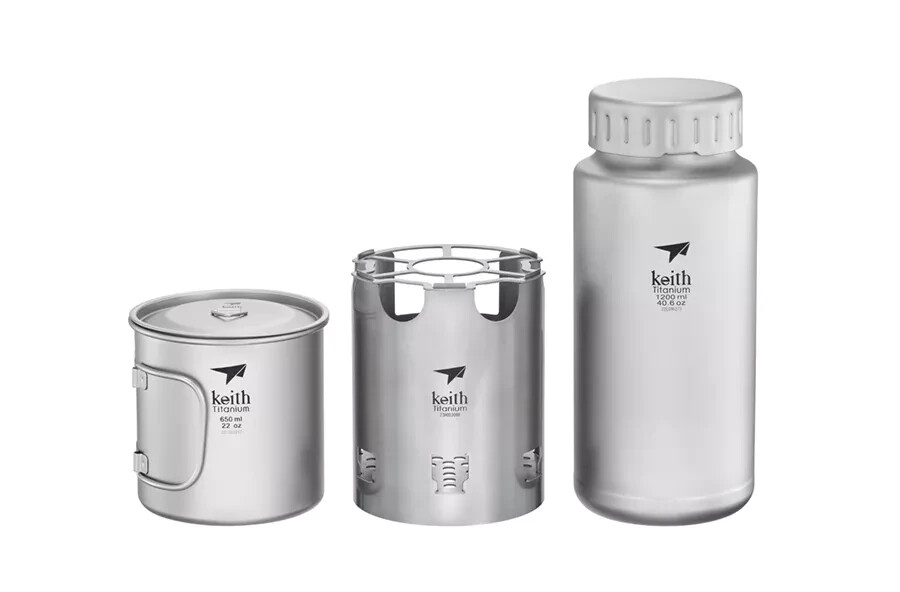 Keith Titanium Ti3070 Nesting Camp Set - Plastic-Free Bottle, Mug & Wood Stove