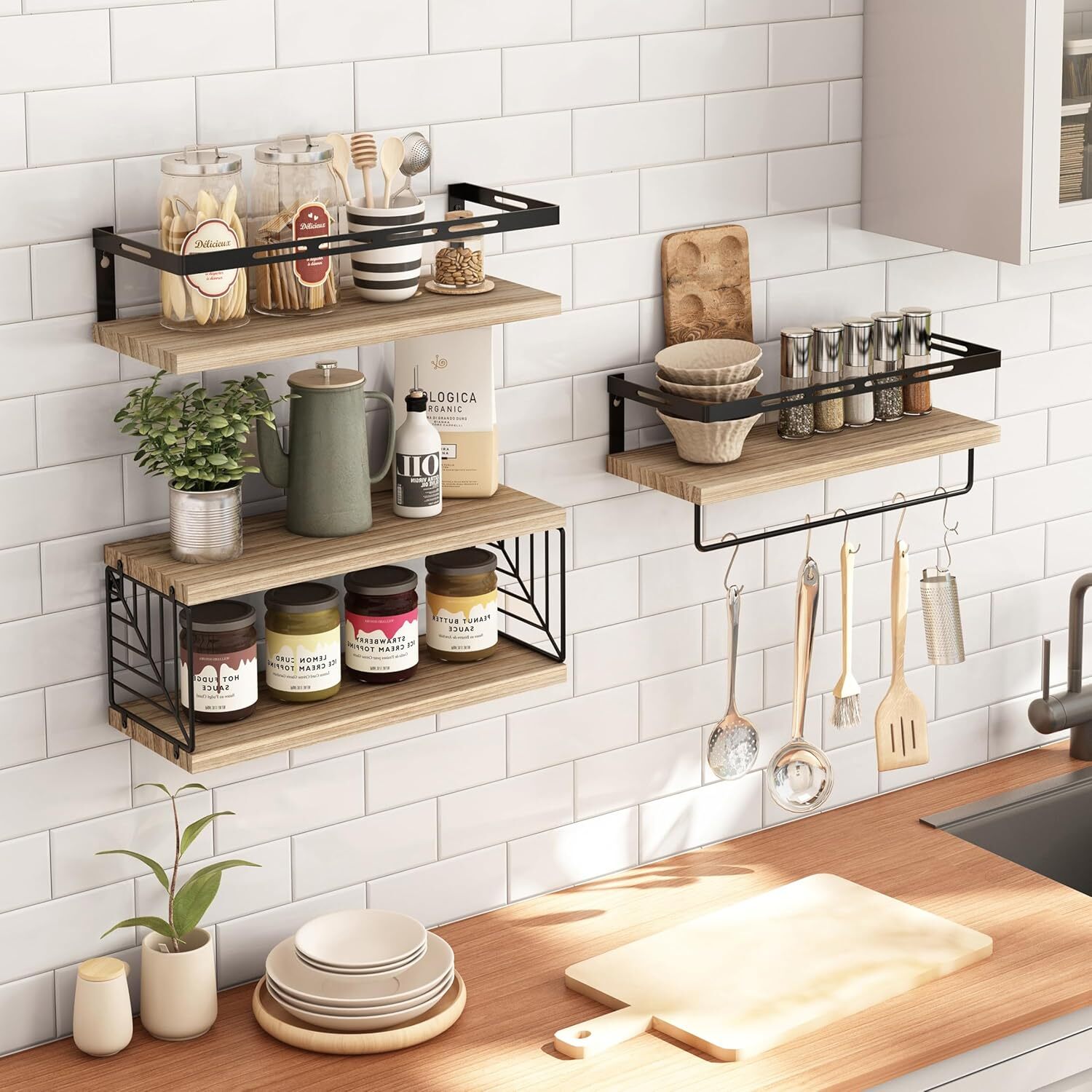 3+1 Floating Bathroom Shelves – Over Toilet Wall Mount w/ Towel Bar, Rustic