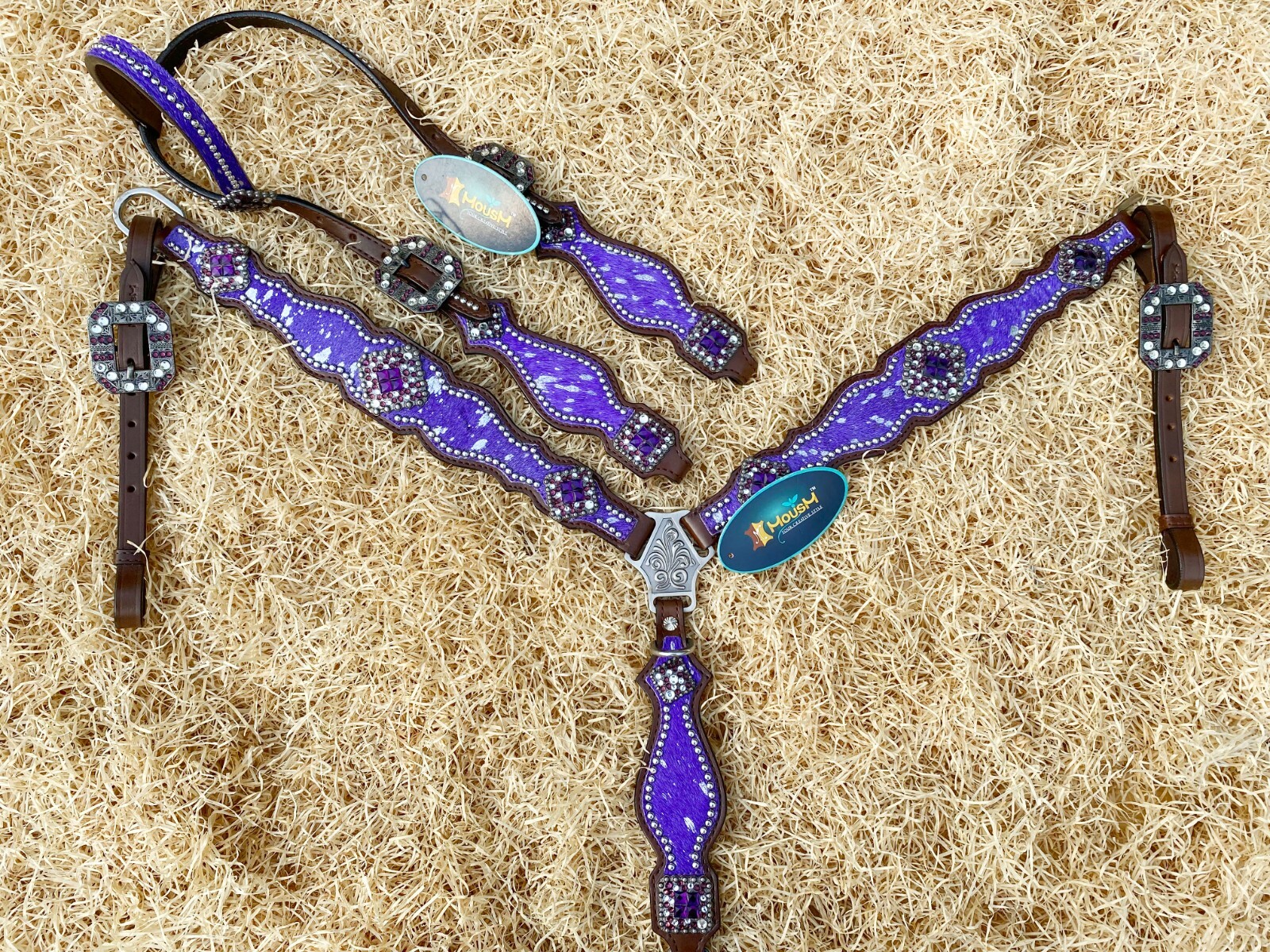 MOUSM Western Leather Headstall and Breast Collar Tack Set for Horses - Purple