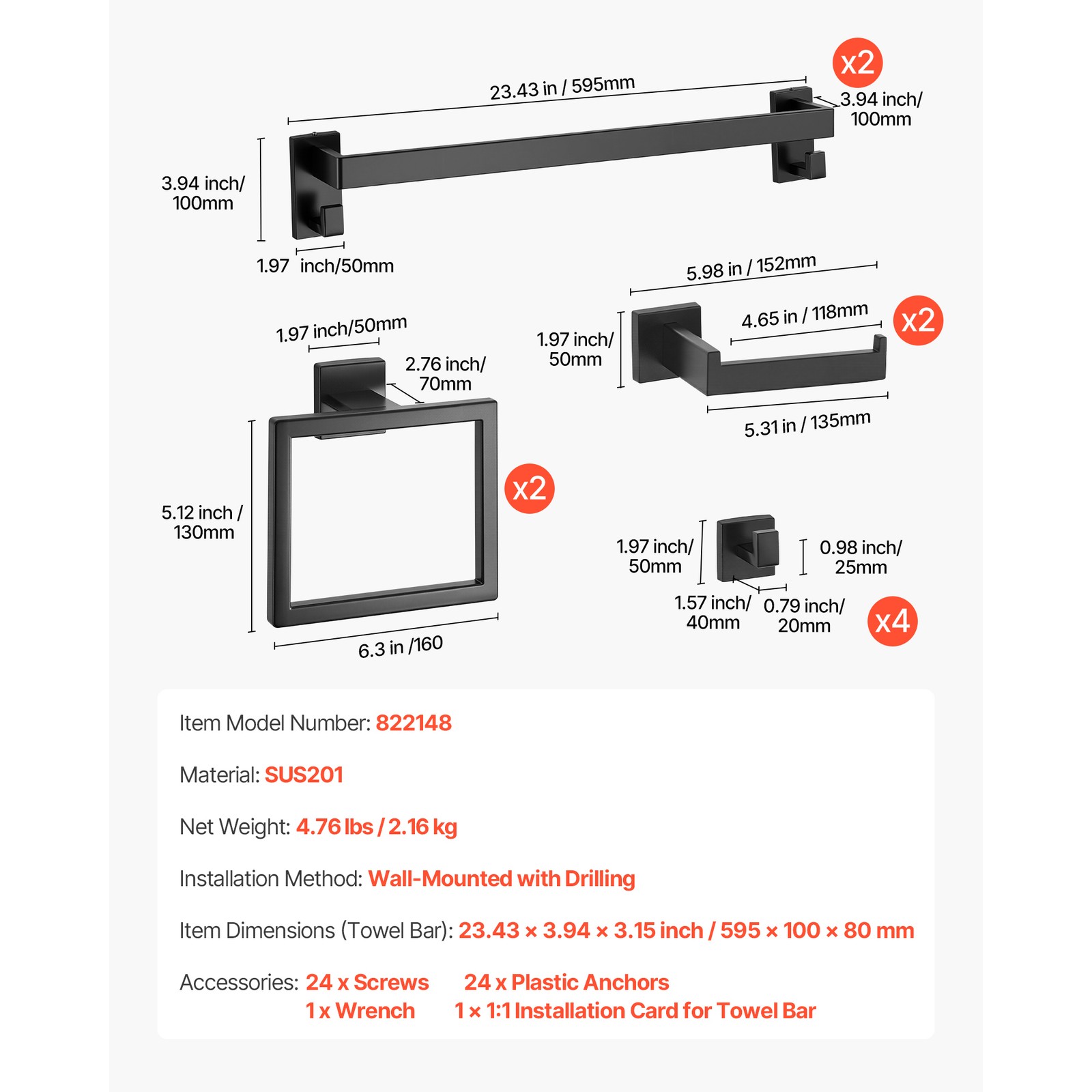 Uimoso 10-Piece Matte Black Bathroom Hardware Set with 24-Inch Towel Bar