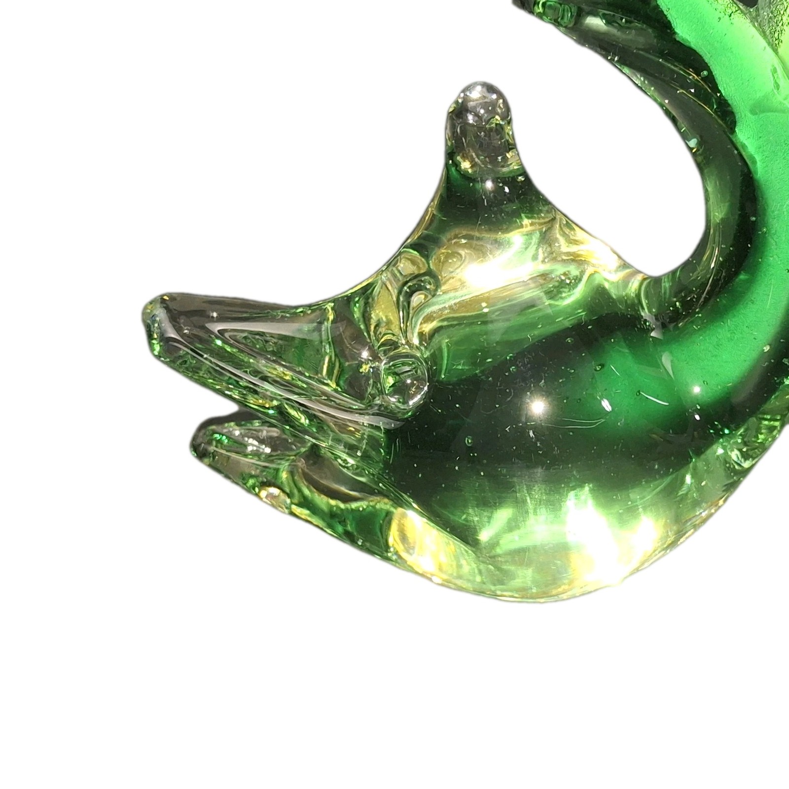 Vintage Green Glass Fish Sculpture Murano Paperweight Made in Italy Sunken Eyes