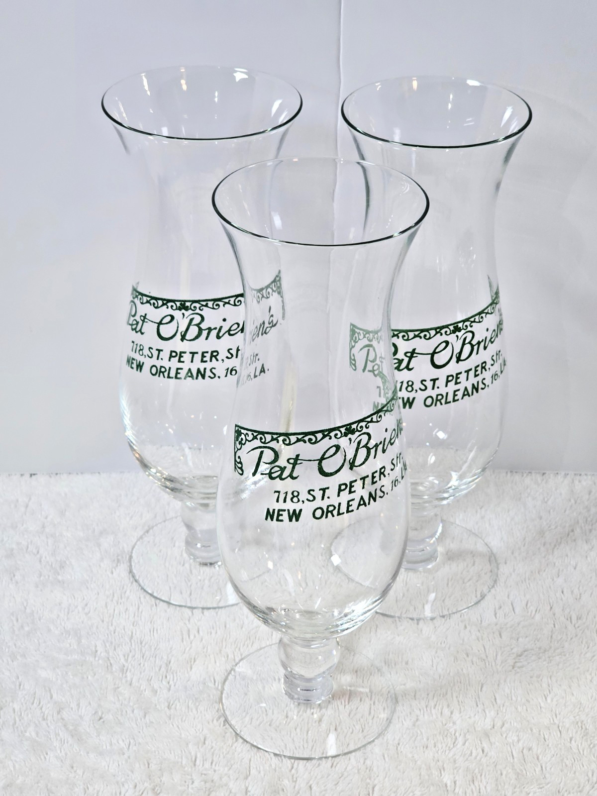 VTG Pat O’Brien’s Hurricane Glasses Set of 3 10” Hand Blown New Orleans Bar