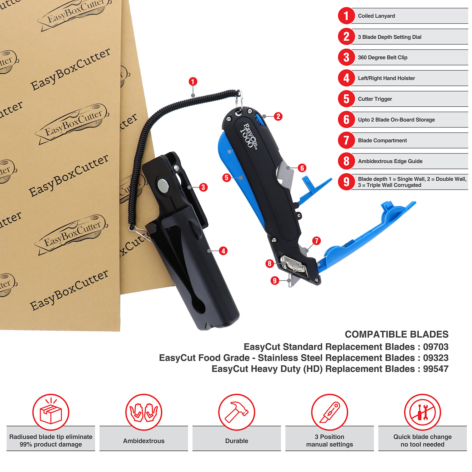 Easy Cut 1000 Blue Safety Box Cutter with Stainless Steel Blades