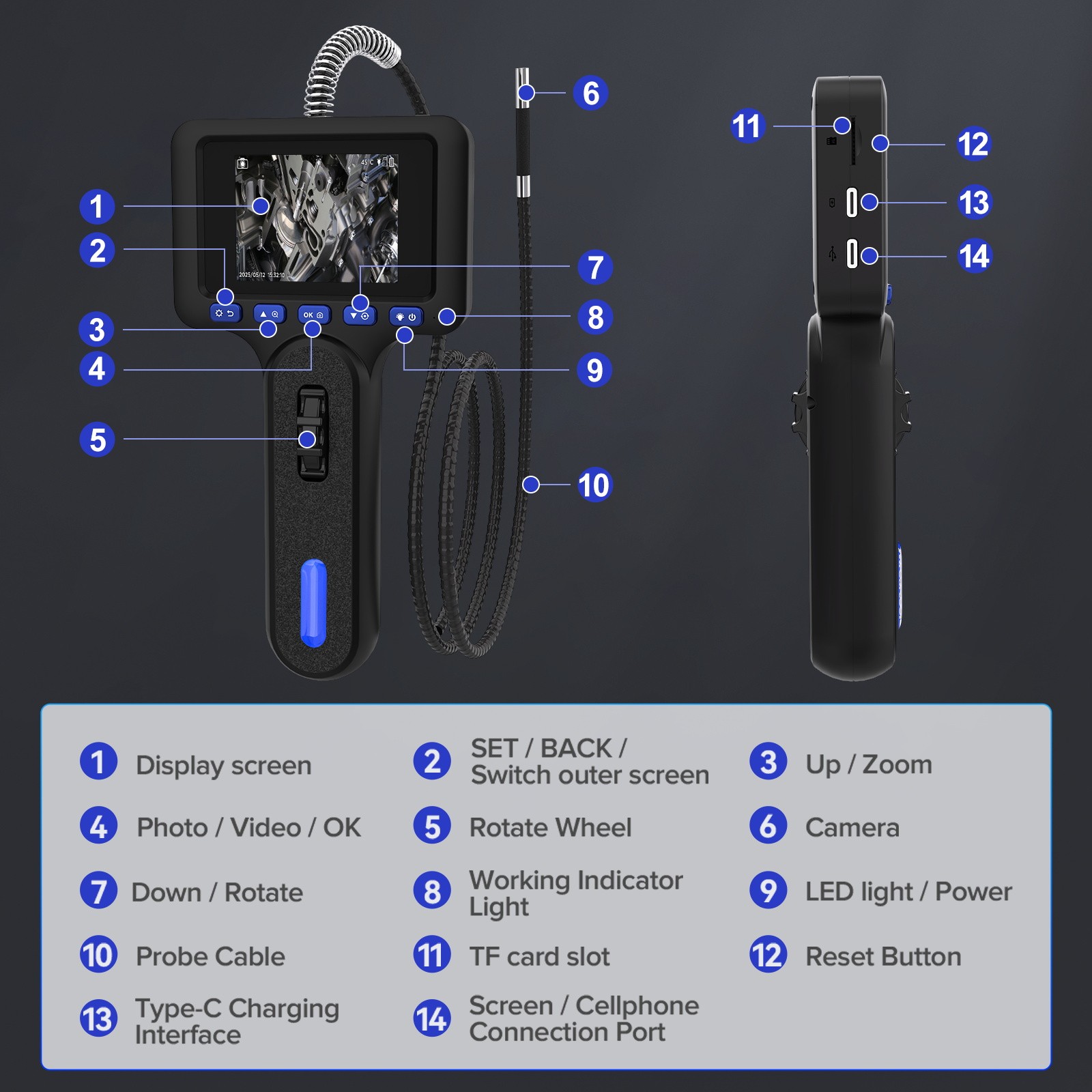 Industrial Camera 2 way 210° Borescope Endoscope with Lights Inspection Camera