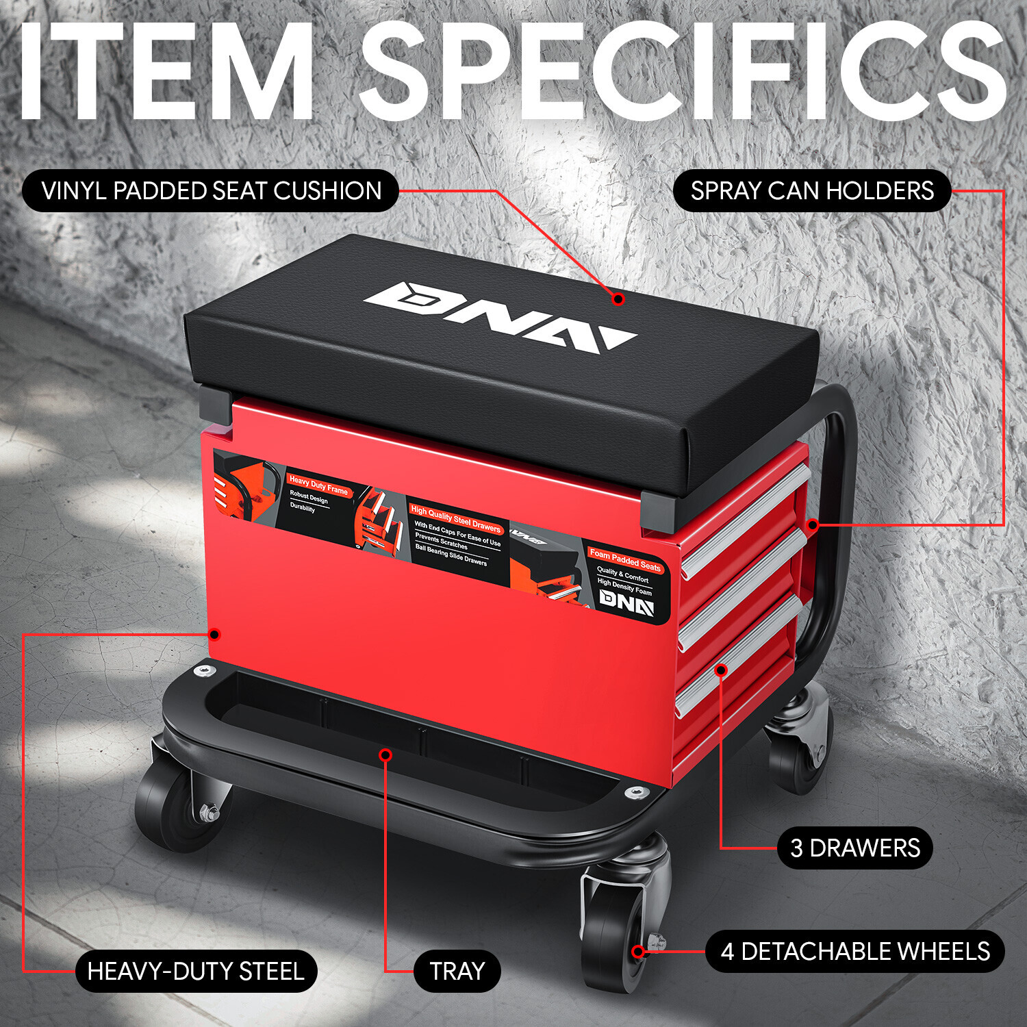 3-Drawer Rolling Creeper Seat Garage Shop Mechanic Stool w/ Tray & Storage Slots