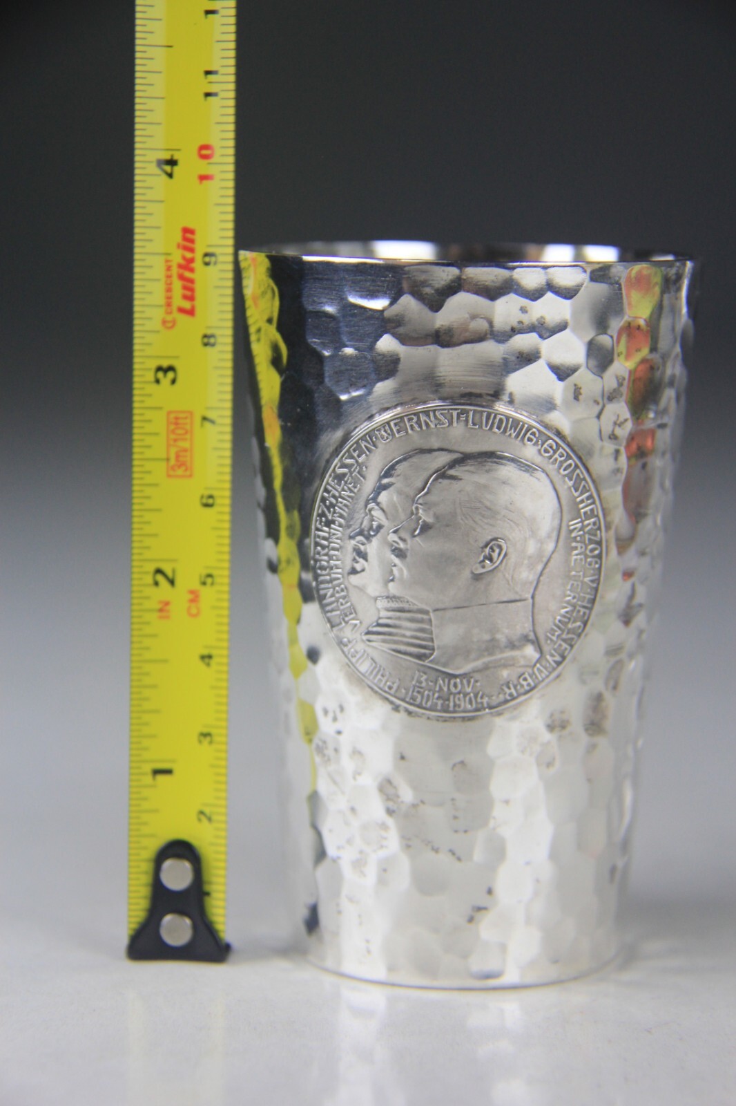 1904 German Hammered 800 Silver Beaker w/Hesse-Darmstadt 5 Mark Coin Attached