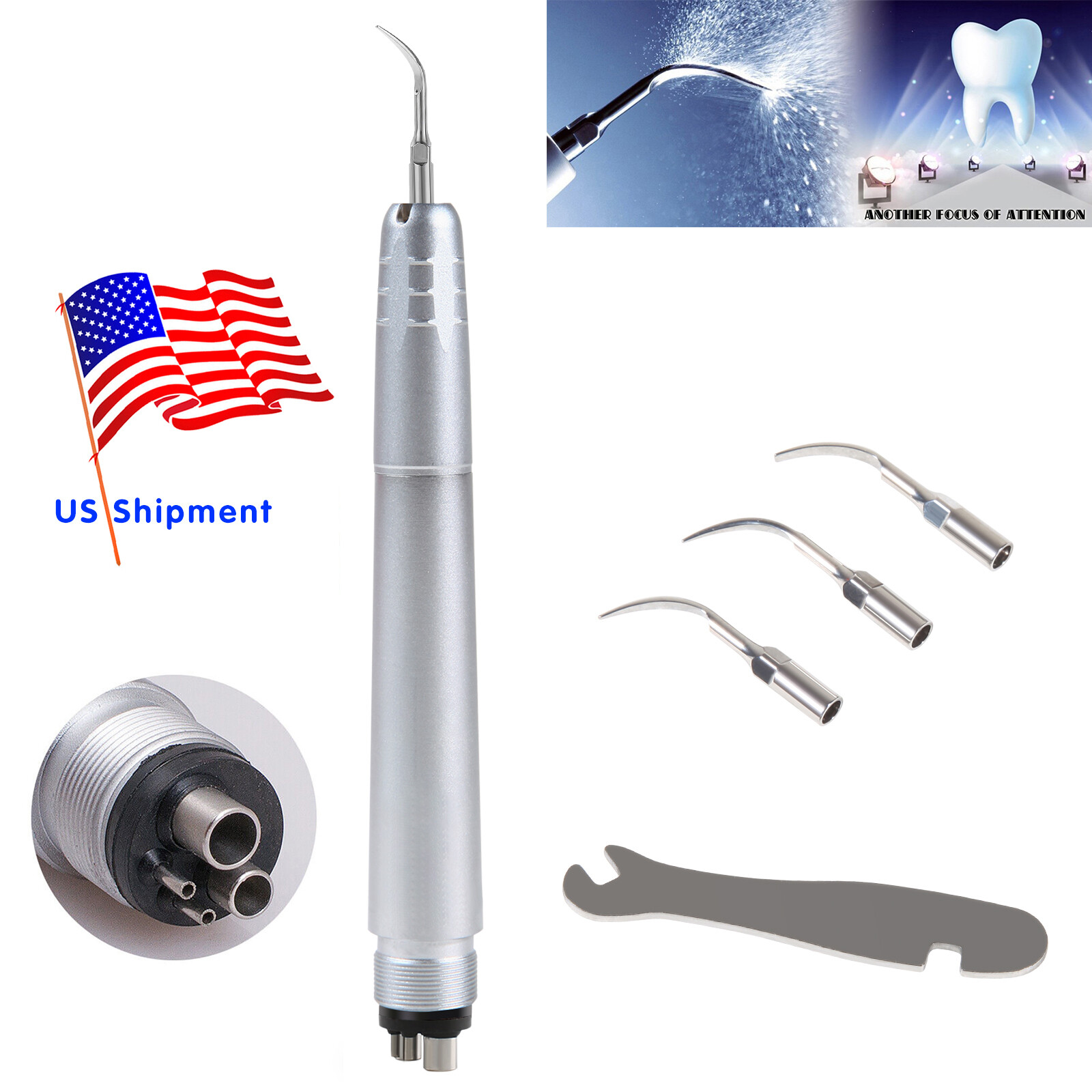 Dental Piezo Ultrasonic Air Scaler Handpiece Hygienist 4Holes With 3 Tips/ 10 G3