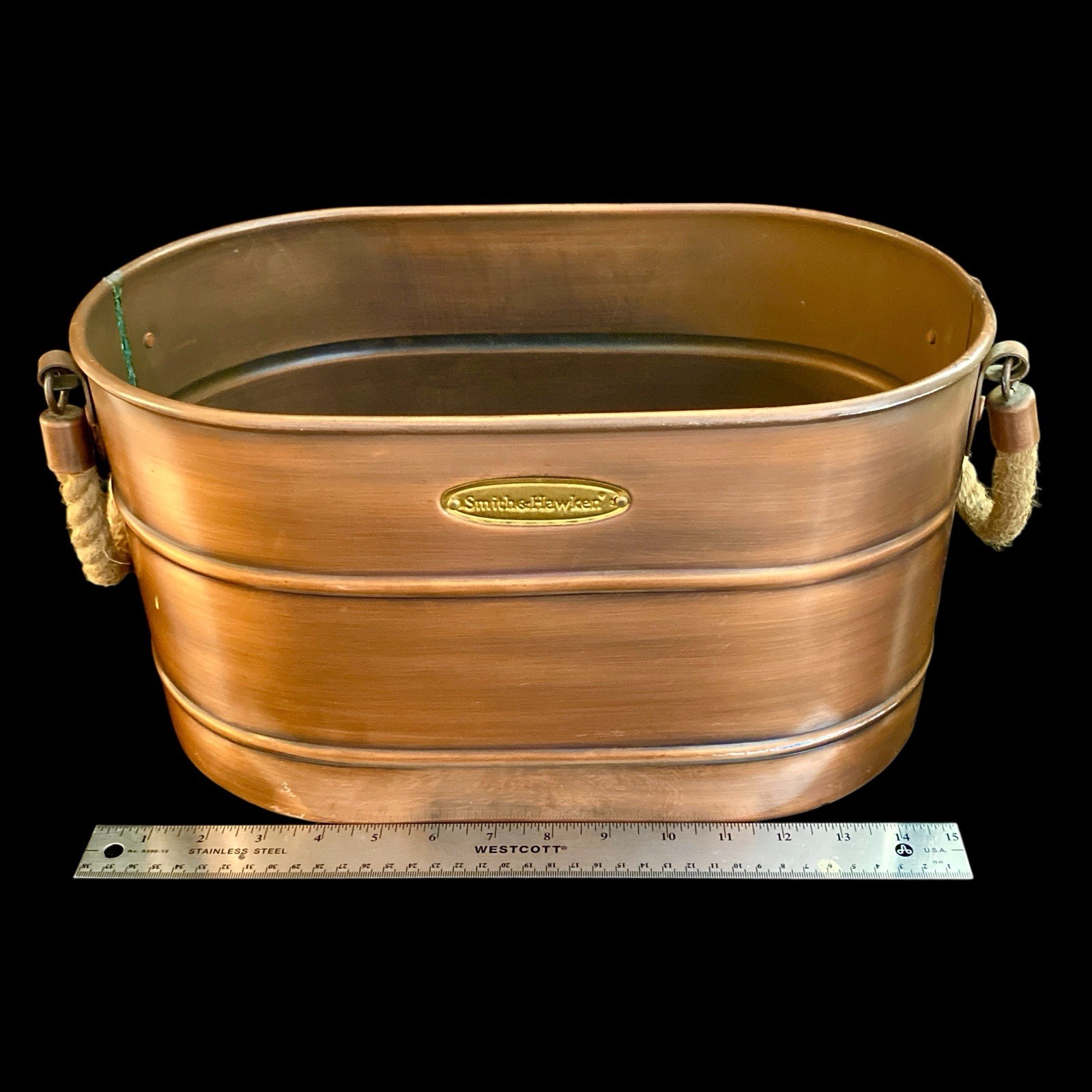 Smith & Hawken Large 16" Copper Finish Metal Log Holder Planter Tub Rope Handles