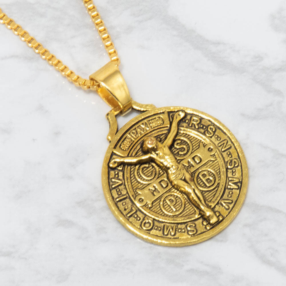 Gold Jesus Crucifix Saint St Benedict Medal Cross Pendant Necklace 24" Box Chain