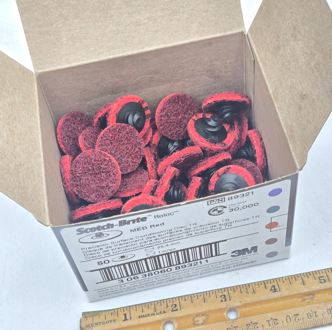 50/Box 3M 1” Scotch-Brite ROLOC 89321 Medium Red Precision Conditioning Disc