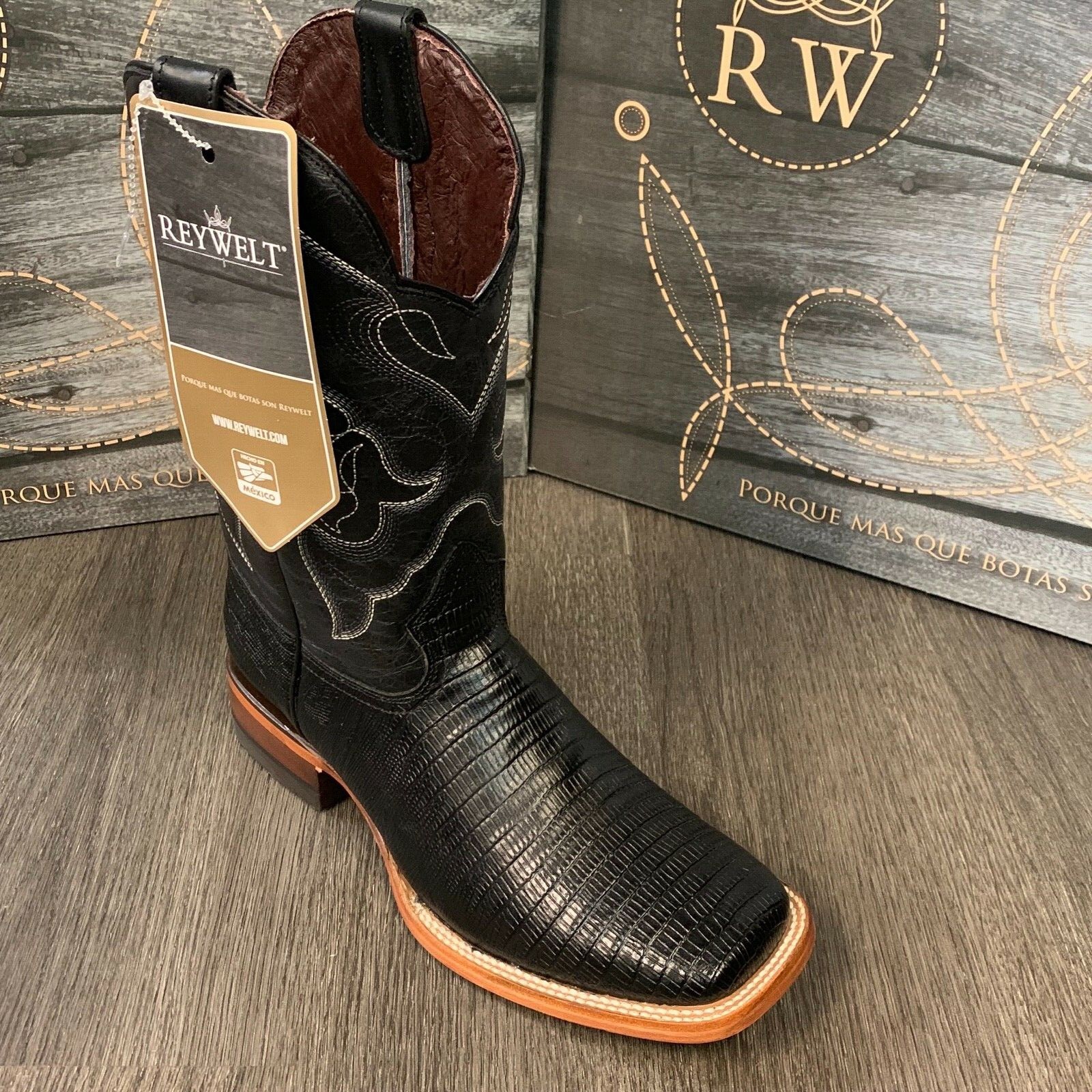 MEN'S RODEO COWBOY BOOTS LIZARD PRINT LEATHER WESTERN SQUARE TOE BLACK BOTAS