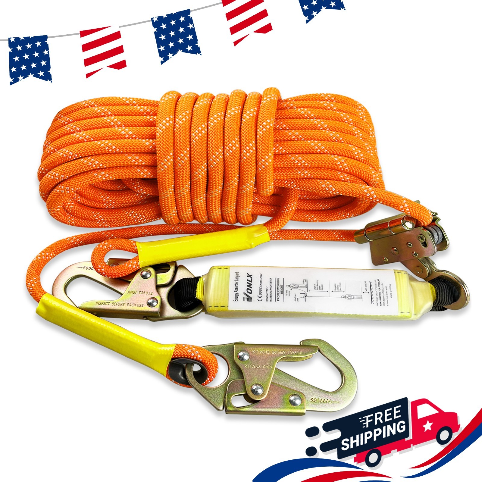 Vertical 50FT  Safety Rope with Alloy Steel Grab Snap Hooks Shock Absorber