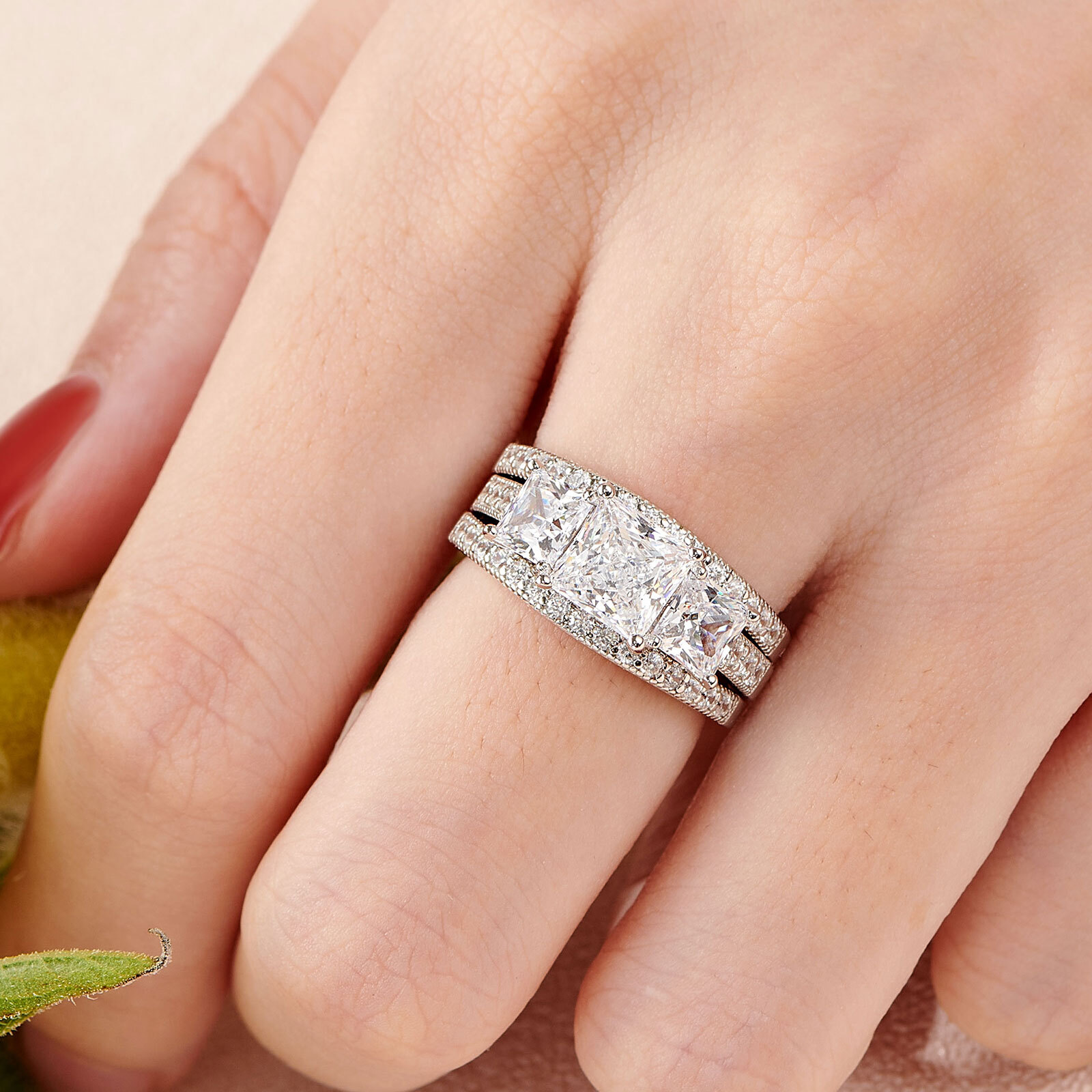 Estate 3 Stone Ring Set for Women Engagement Wedding Ring Set Sterling Silver CZ