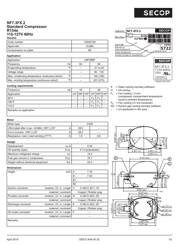 Secop NF7.3FX.2 R134a Refrigeration Compressor 894 BTU LBP 3341 BTU HBP 115V