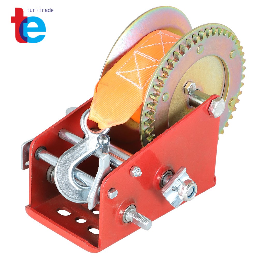 3500LBS Red Hand Winch Hand Crank 2 Gear Red Strap ATV Trailer Boat